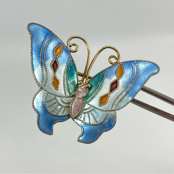 Stunning 925 Sterling Silver Blue Cloisonne Butterfly Brooch Pin Delicate Dainty - Picture 1 of 8